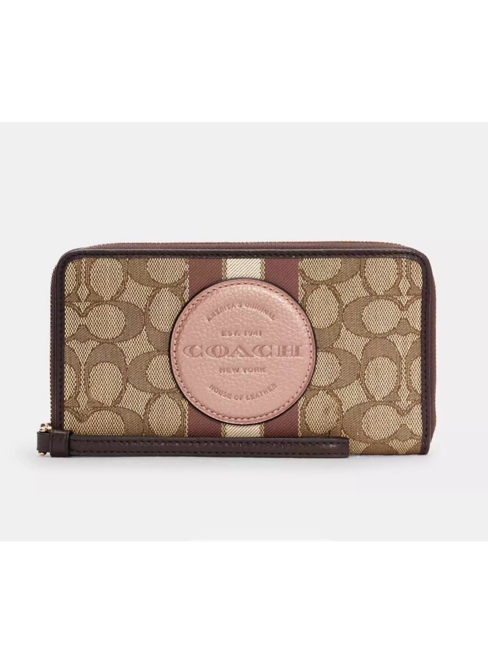 Coach Dempsey Wallet In Signature Jacquard / Leather, 8420, Mauve Gold Khaki